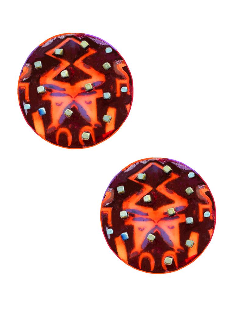 1.5" mother of pearl discs, with painting fragments in shades of orange, burgundy, purple and dark brown, with tiny square aqua beads scattered on surface. sterling silver posts